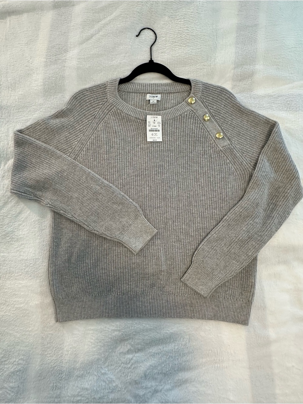 J. Crew Light Gray Knit Crewneck Sweater with Gold Shoulder Buttons, M, NWT